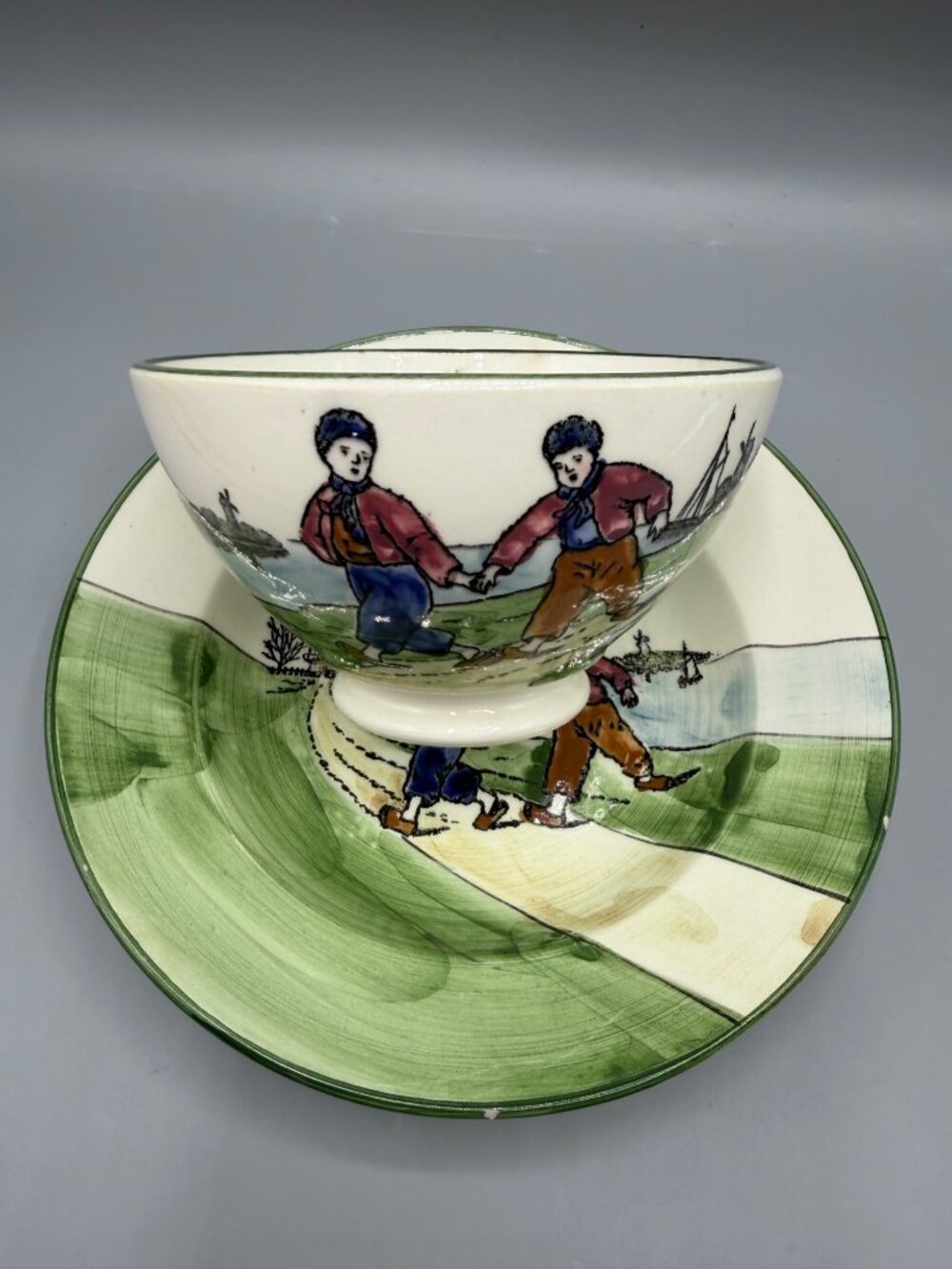 Dutch Folk Art Bowl Set 1920s Boys Brothers Holding Hands by Canal Windmill Dog